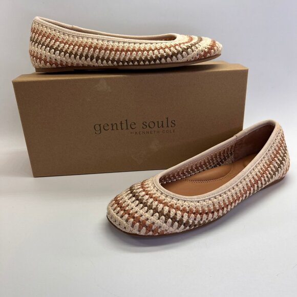 Gentle Souls Mable Size 7.5M Tan Multi Crocheted Fabric Leather Ballet Flat - Picture 1 of 16